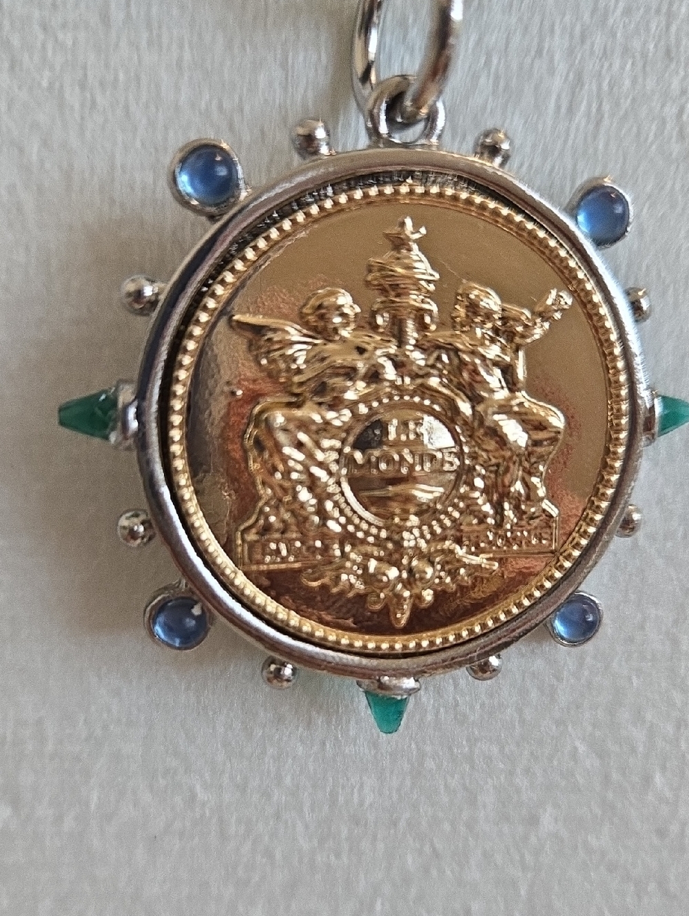 French Replica Gold coin silver bezel bluegreen gemstones On Blue Leather Chain - Picture 3 of 8
